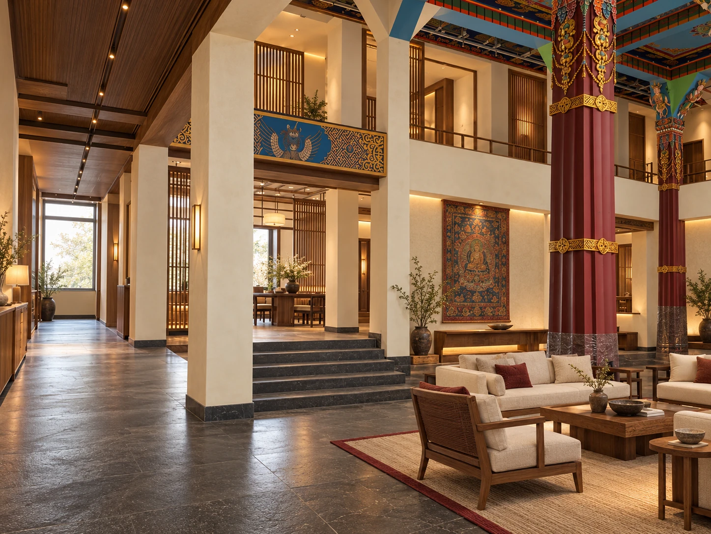 Proposed Gakhill Resort and Spa lobby interior, blending Tibetan-inspired craft with Japanese simplicity